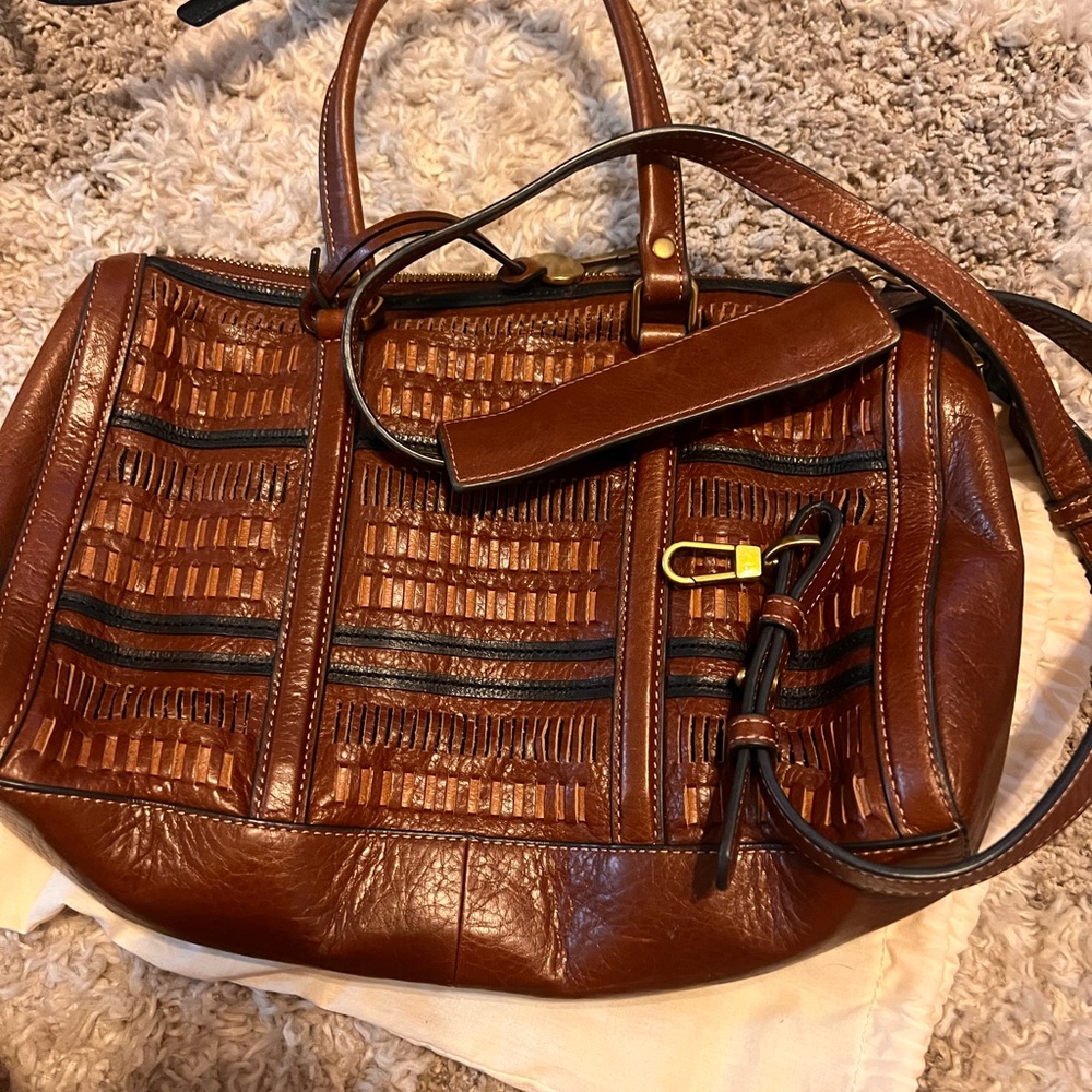 Fossil Brown and Black Shoulder Bag with Pleated Leather Design